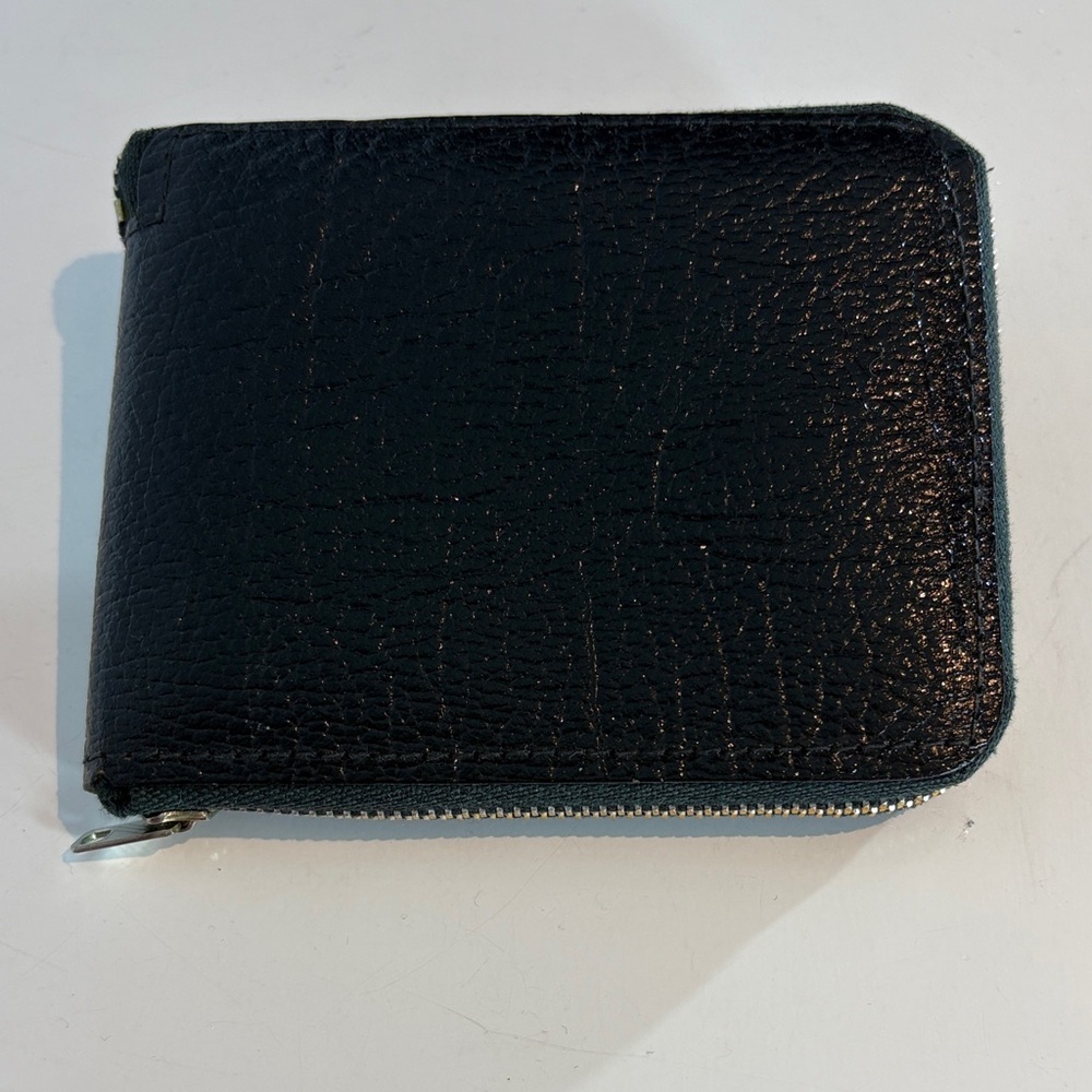 Vintage Genuine Leather Zip Around Wallet Black Compact Bifold